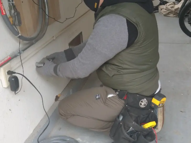 Electrician performing outlet wiring in a Pittsgrove garage